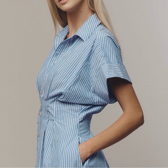 Anthropologie Pilcro Short Sleeve Midi Shirt Dress Blue White Stripe Size XS New - Picture 3 of 11